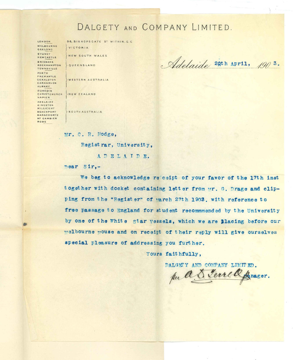 Dalgety and Company Limited [White Star Line] - Adelaide - Acknowledging receipt of letter of 17th inst and docket re free passage to England to a student
