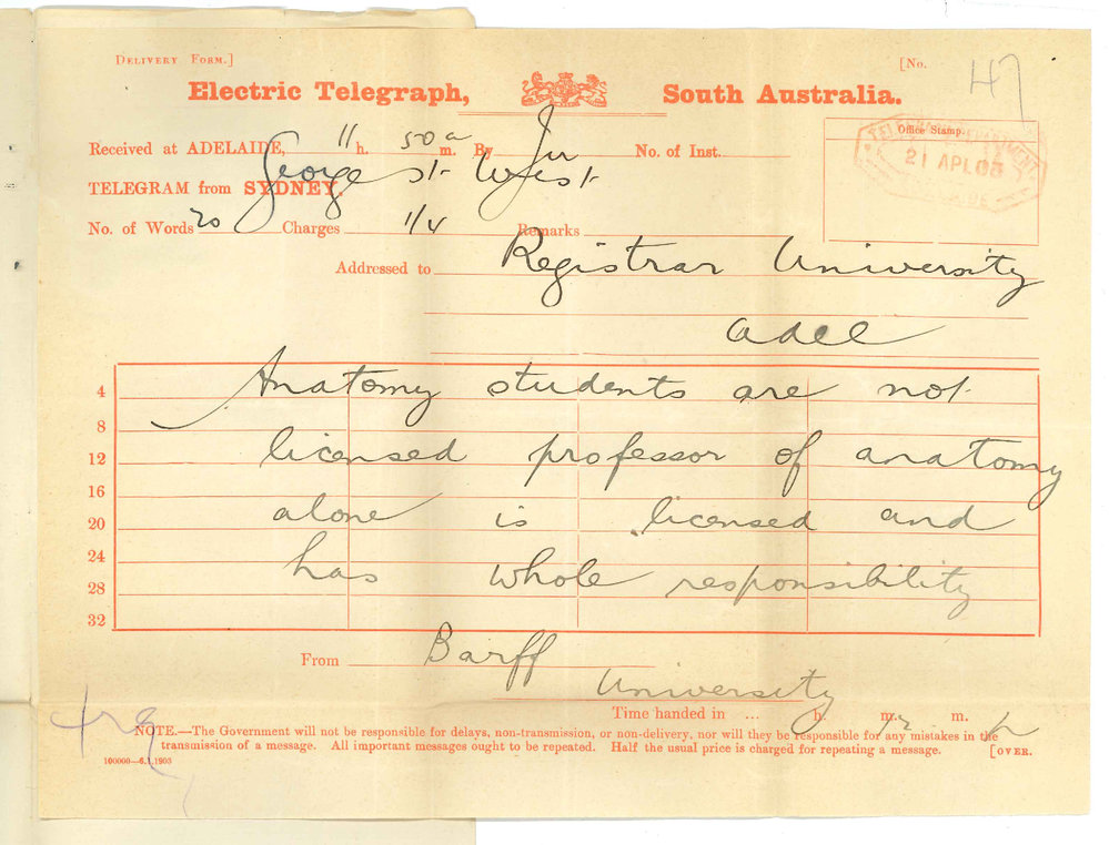 Henry Ebenezer Barff - Registrar - University of Sydney - Regarding Anatomy licenses for students and Professor practicing Anatomy