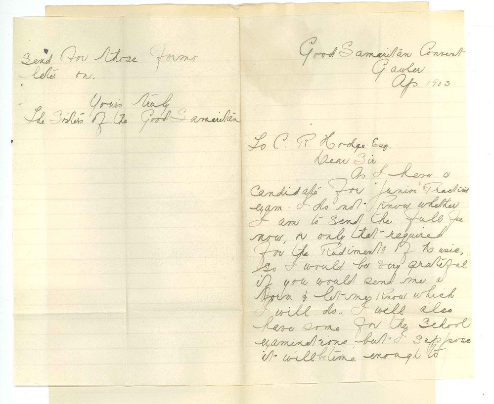 The Lady Superior - Good Samaritan Convent - Gawler - Requesting information of Rudiments Exam