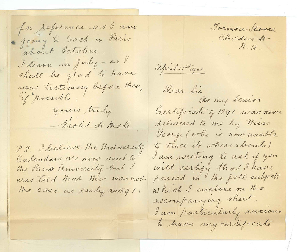 Miss Violet de Mole - North Adelaide - Certificates for passing Senior Public in 1891