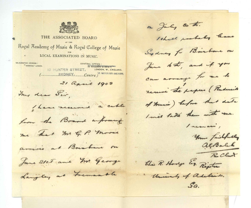 A E Balch - Associated Board of Royal Academy and Royal College of Music - Sydney - Date of arrival of examiners and rudiments papers