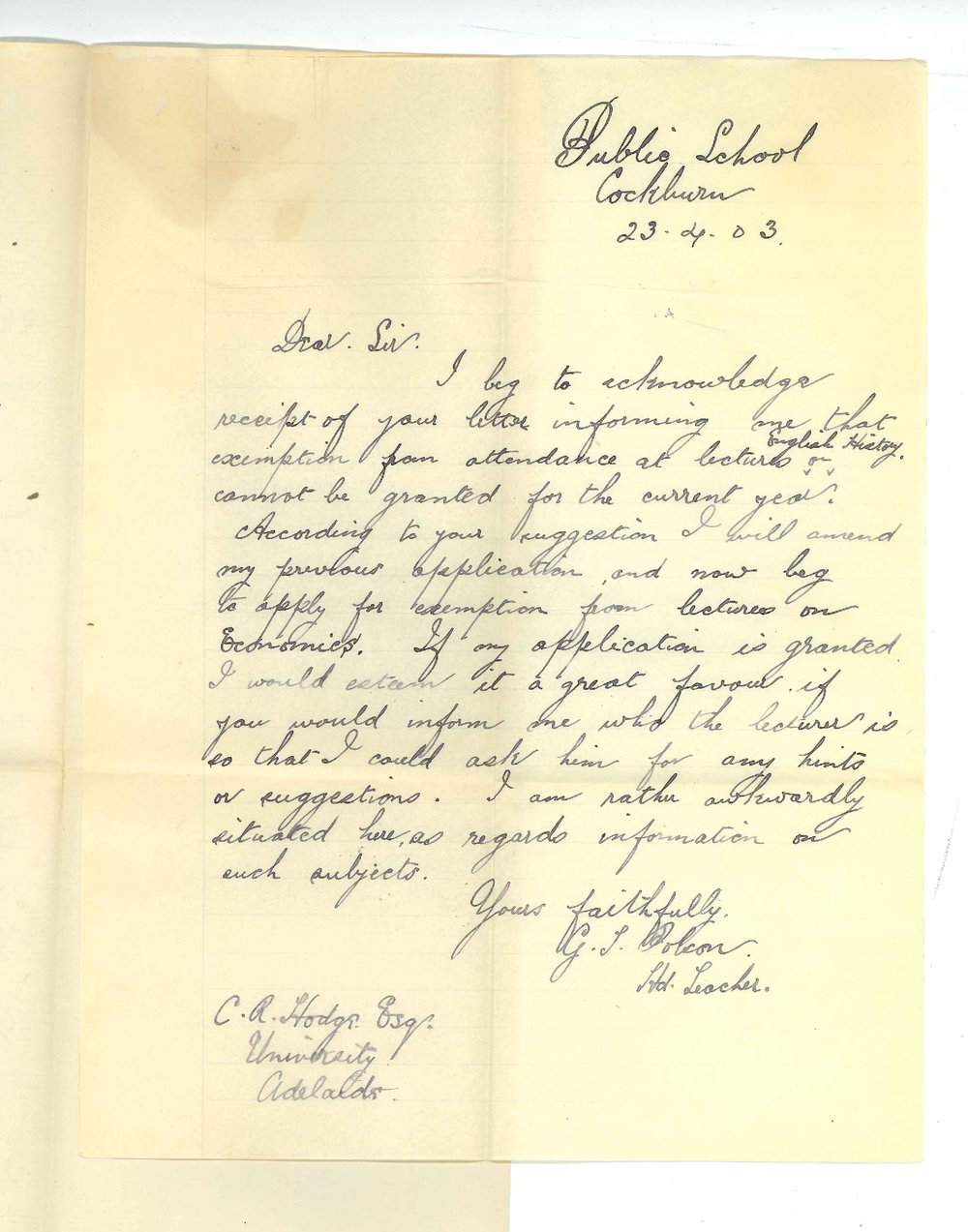 G J Polson - Public School - Cockburn - Exemption from attendance at lectures