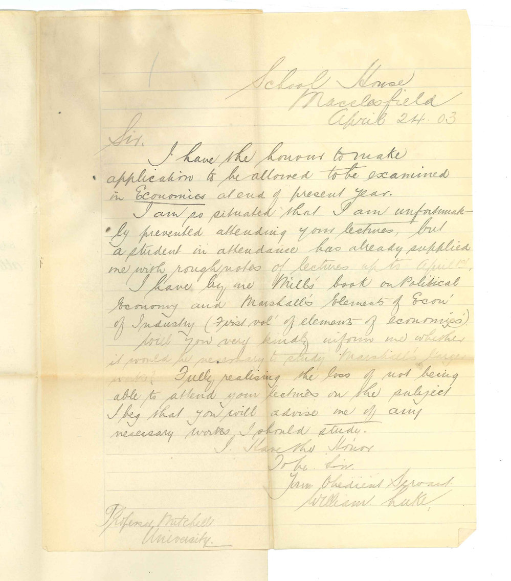 William Lake - Macclesfield - Exemption from attendance at lectures