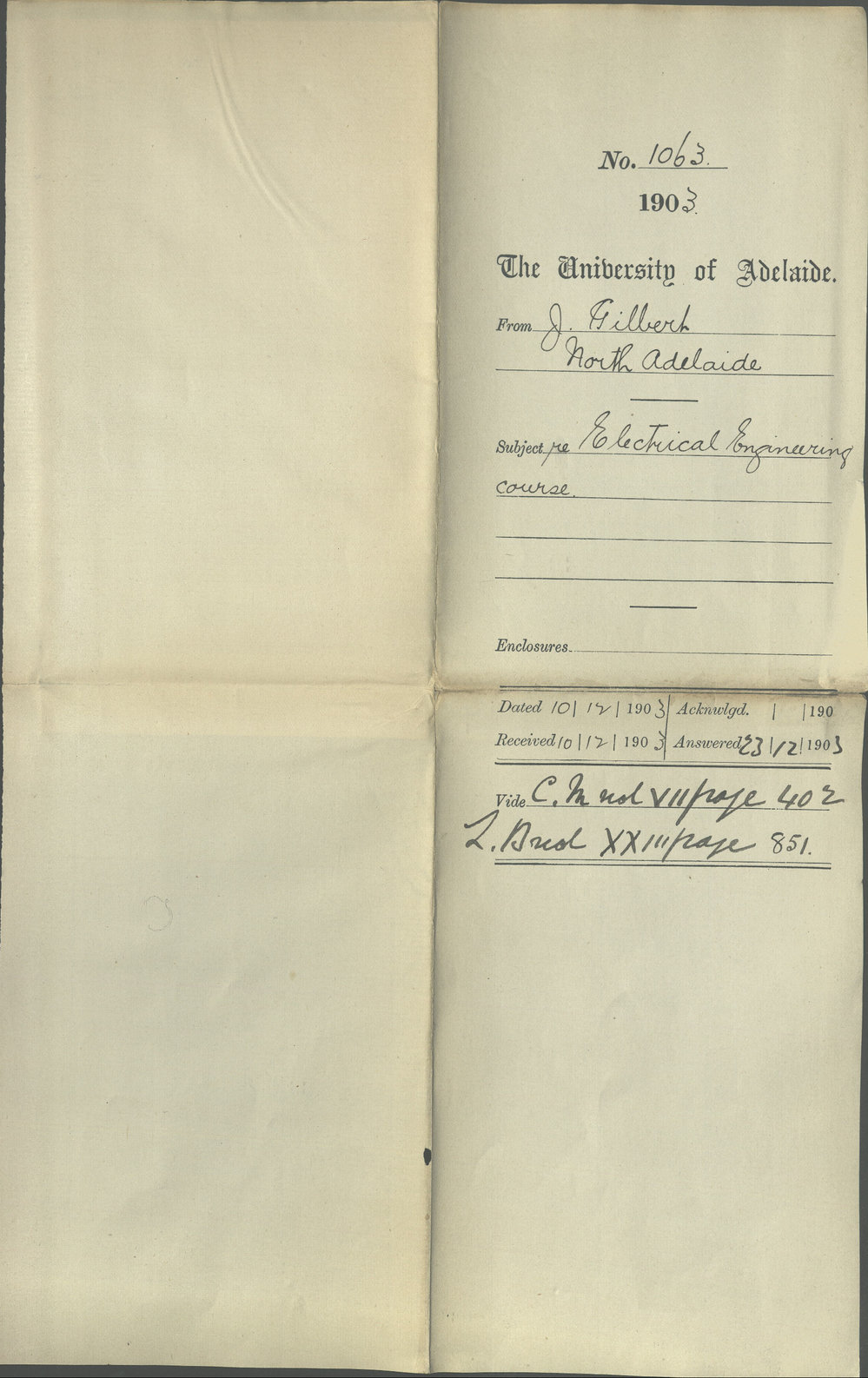 J Gilbert - North Adelaide - Electrical Engineering Course