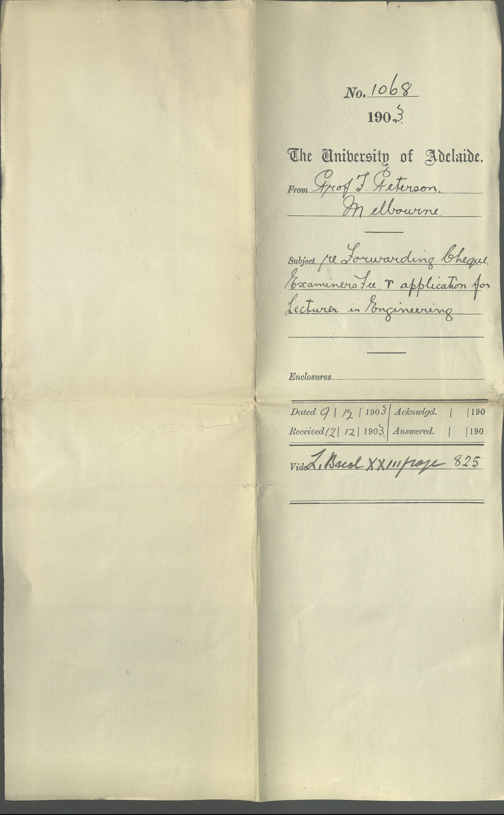 Professor F Peterson - Melbourne - Forwarding Cheque Examiners Fee and application for Lecturer in Engineering