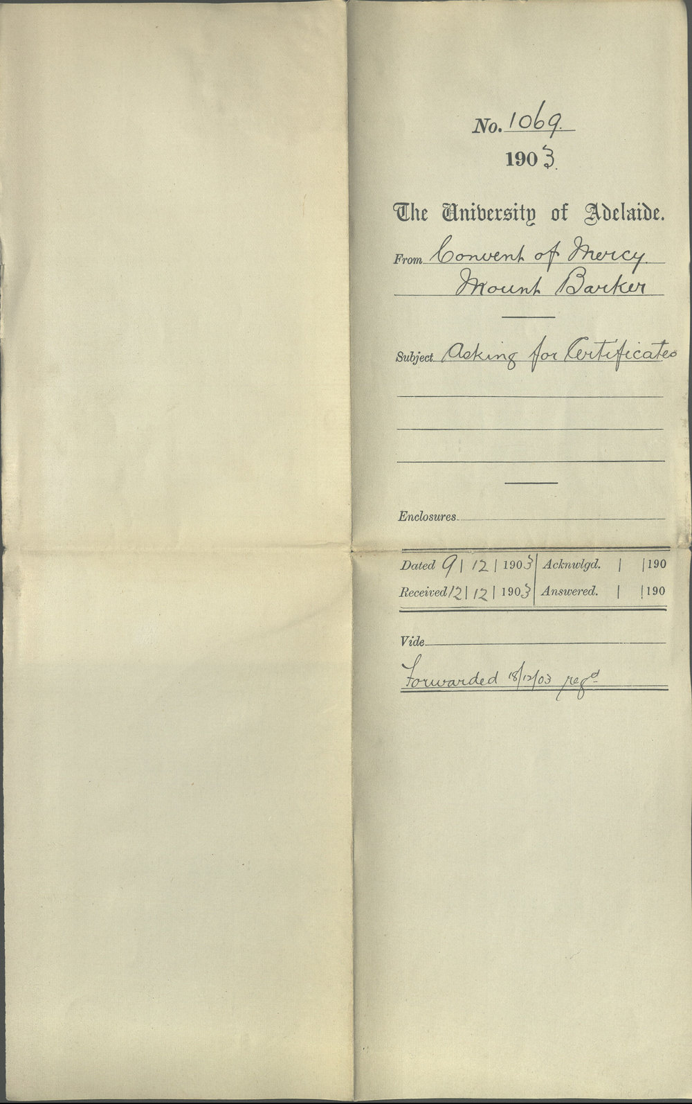 Convent of Mercy - Mount Barker - Asking for Certificates