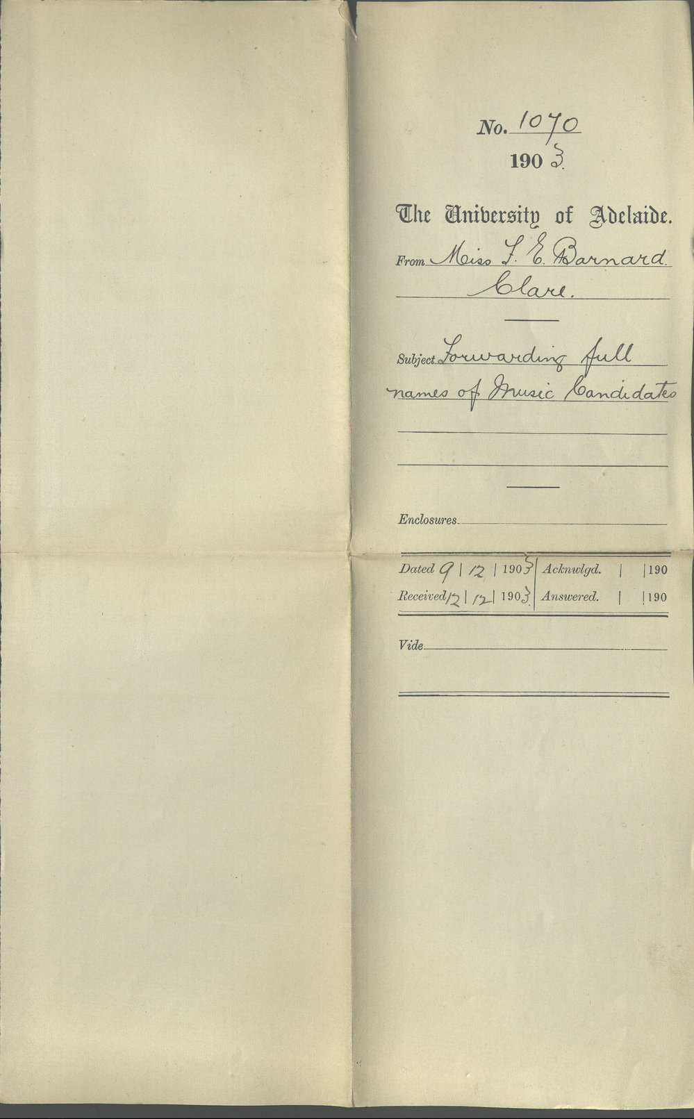 Miss F E Barnard - Clare - Forwarding full names of Music Candidates