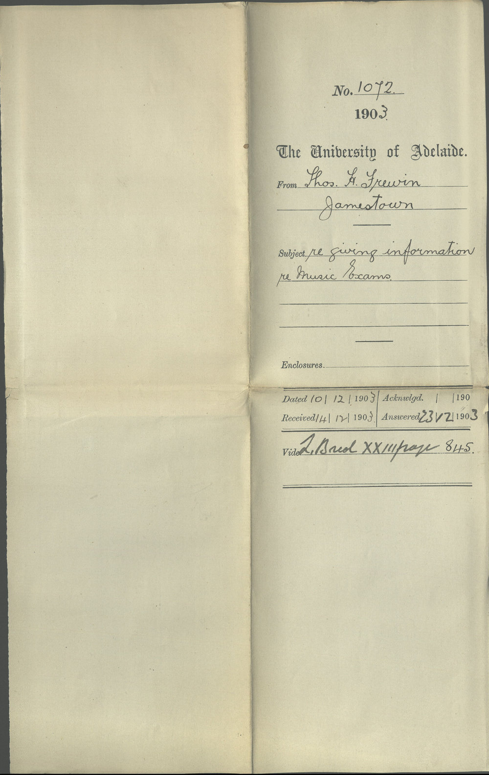 Reverend Thomas H Frewin - Jamestown - Giving information re Music Exam