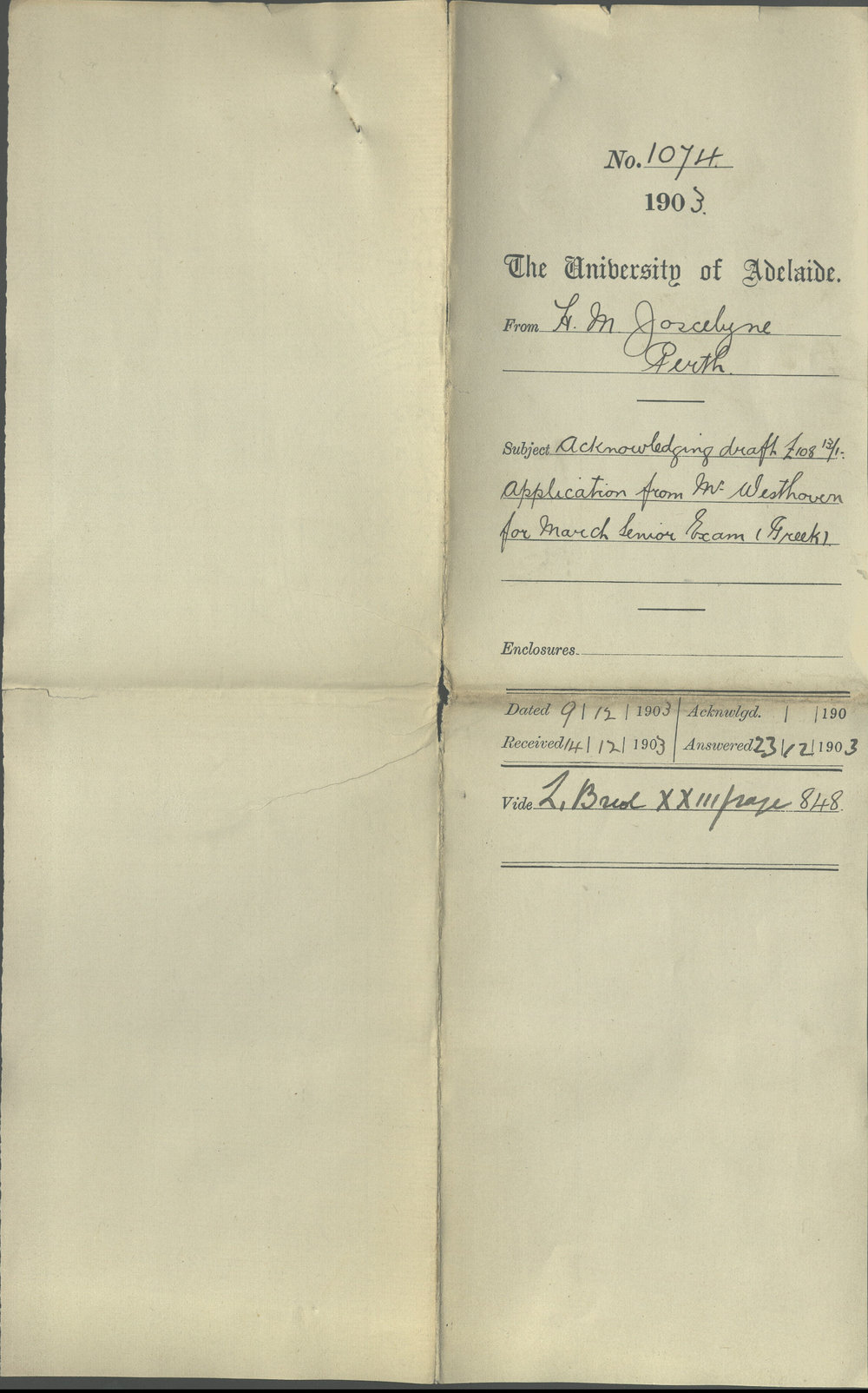 Henry Maurice Joscelyne - West Australian Centre - Perth - Acknowledging &pound;108-13-1 Application for March Senior Exam Greek