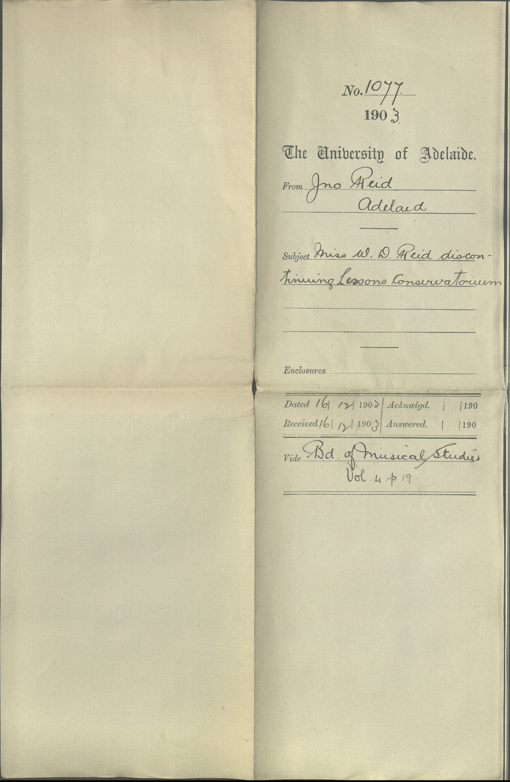 J M Reid - Adelaide - Miss WD Reid discontinuing Lessons Conservatorium