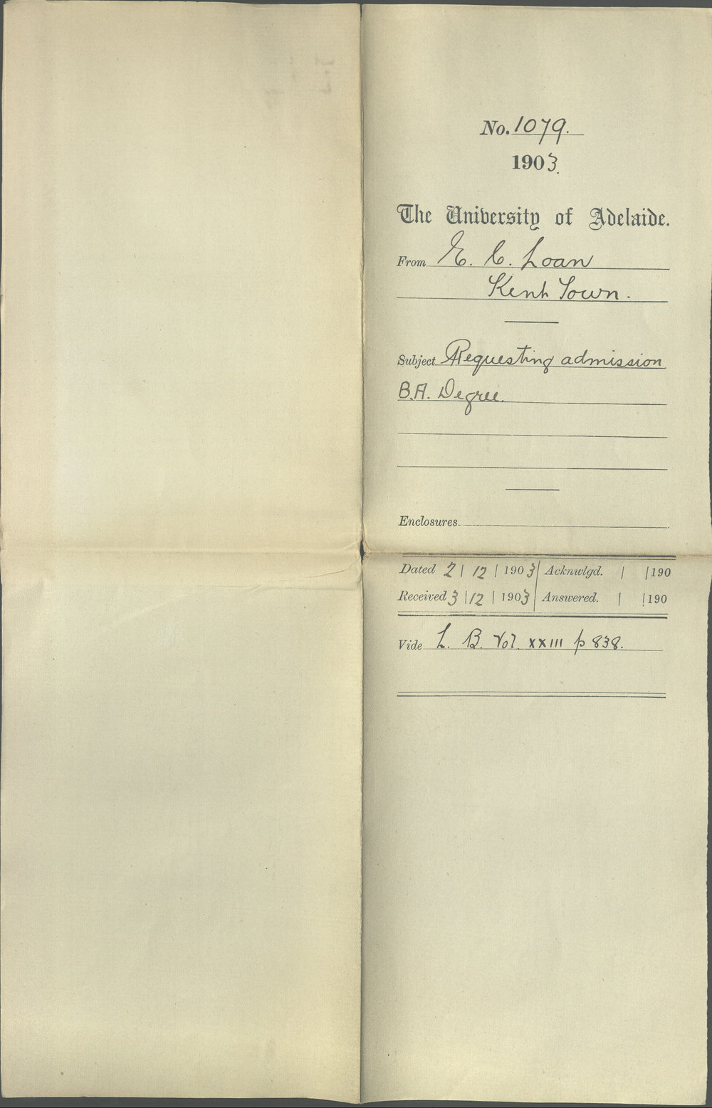 E C Loan - Kent Town - Requesting admission BA Degree