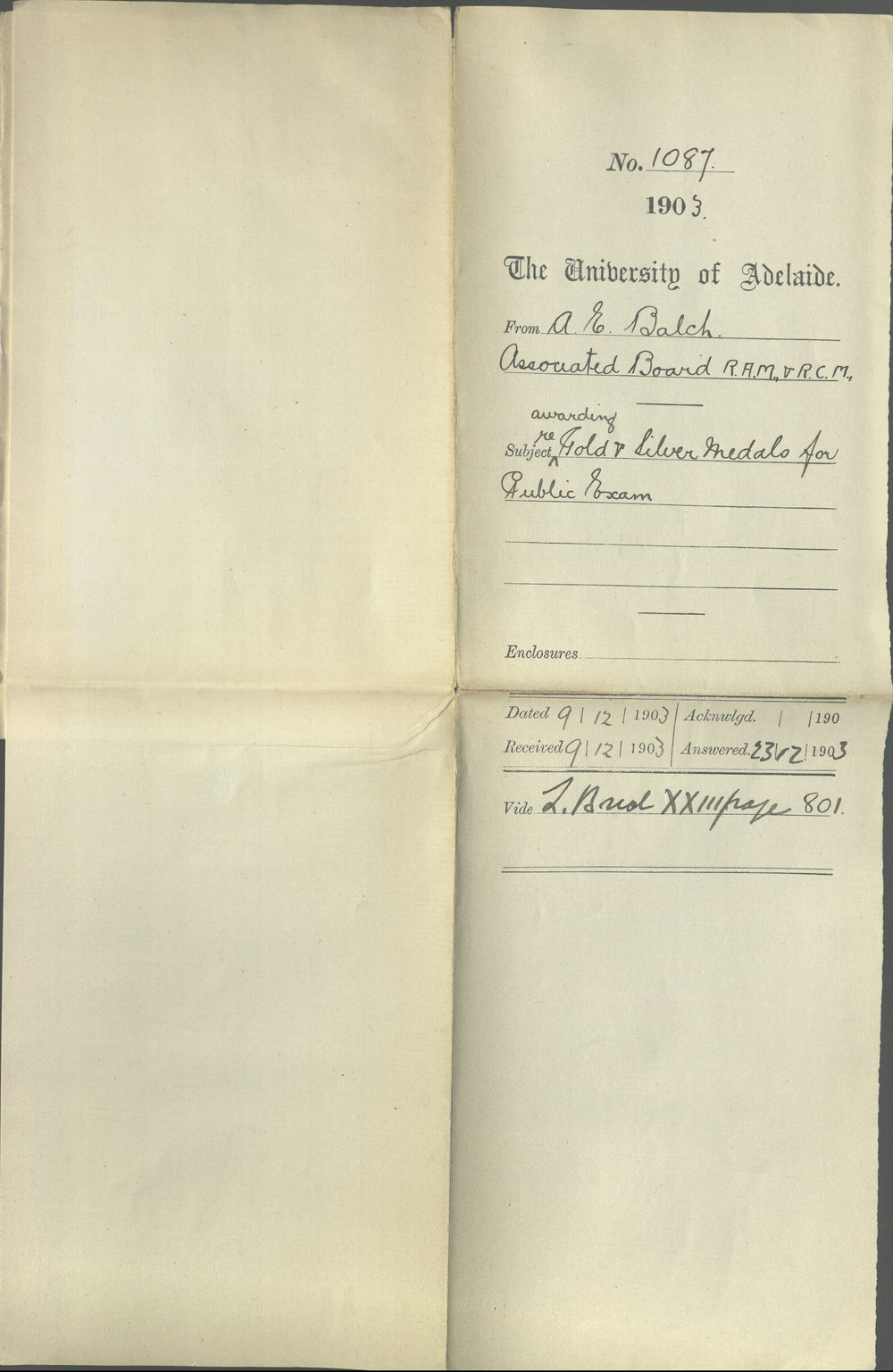 A E Balch - Associated Board RAM and RCM - Awarding Gold and Silver Medals for Public Exam