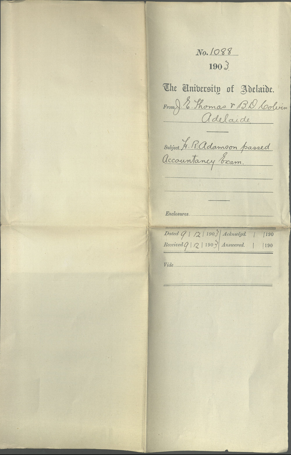 J E Thomas and Bazett David Colvin - Adelaide - H R Adamson passed Accountancy Exam