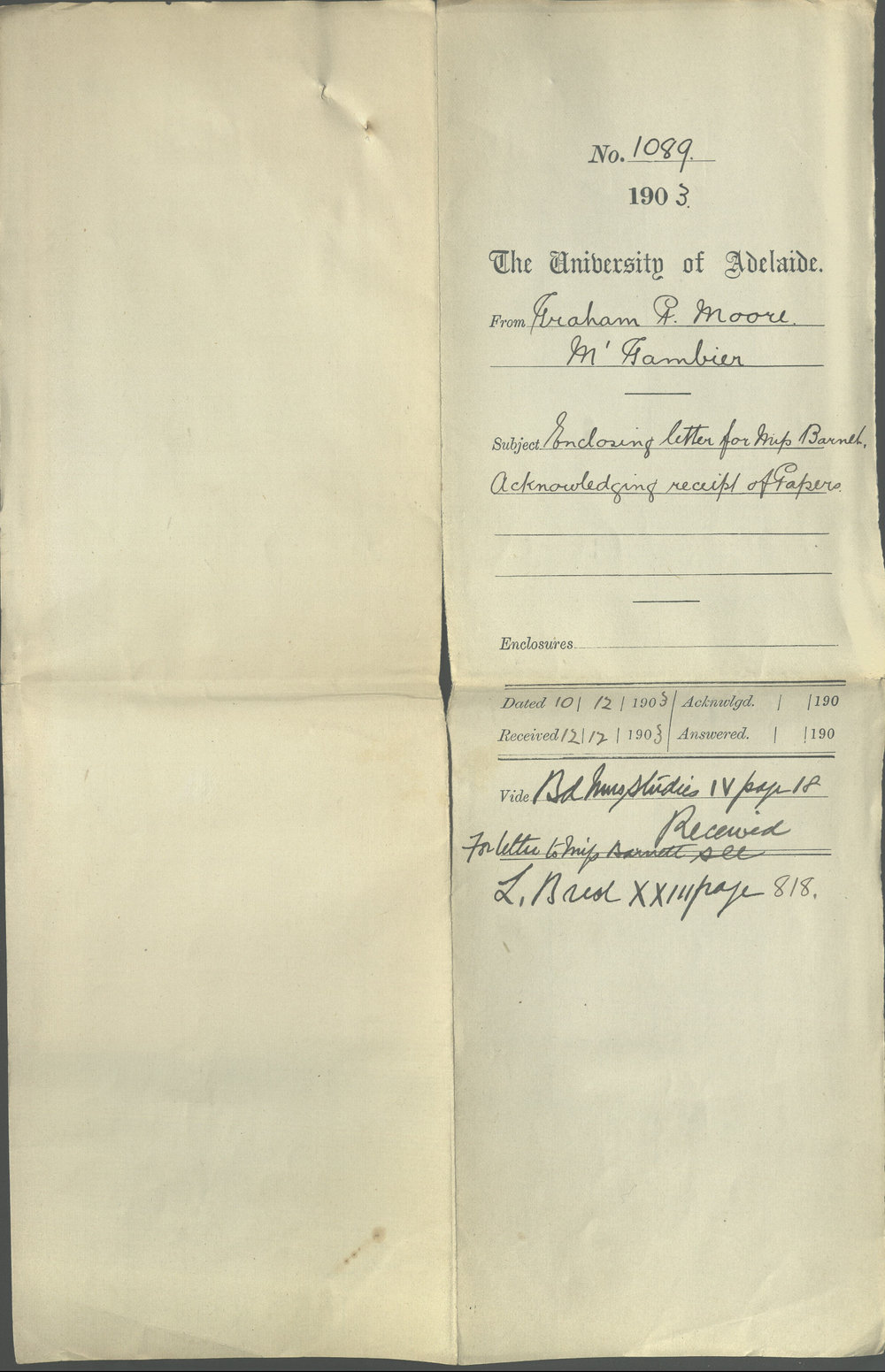 Graham P Moore - Mount Gambier - Enclosing letter for Miss Barnet Acknowledging receipt of Papers