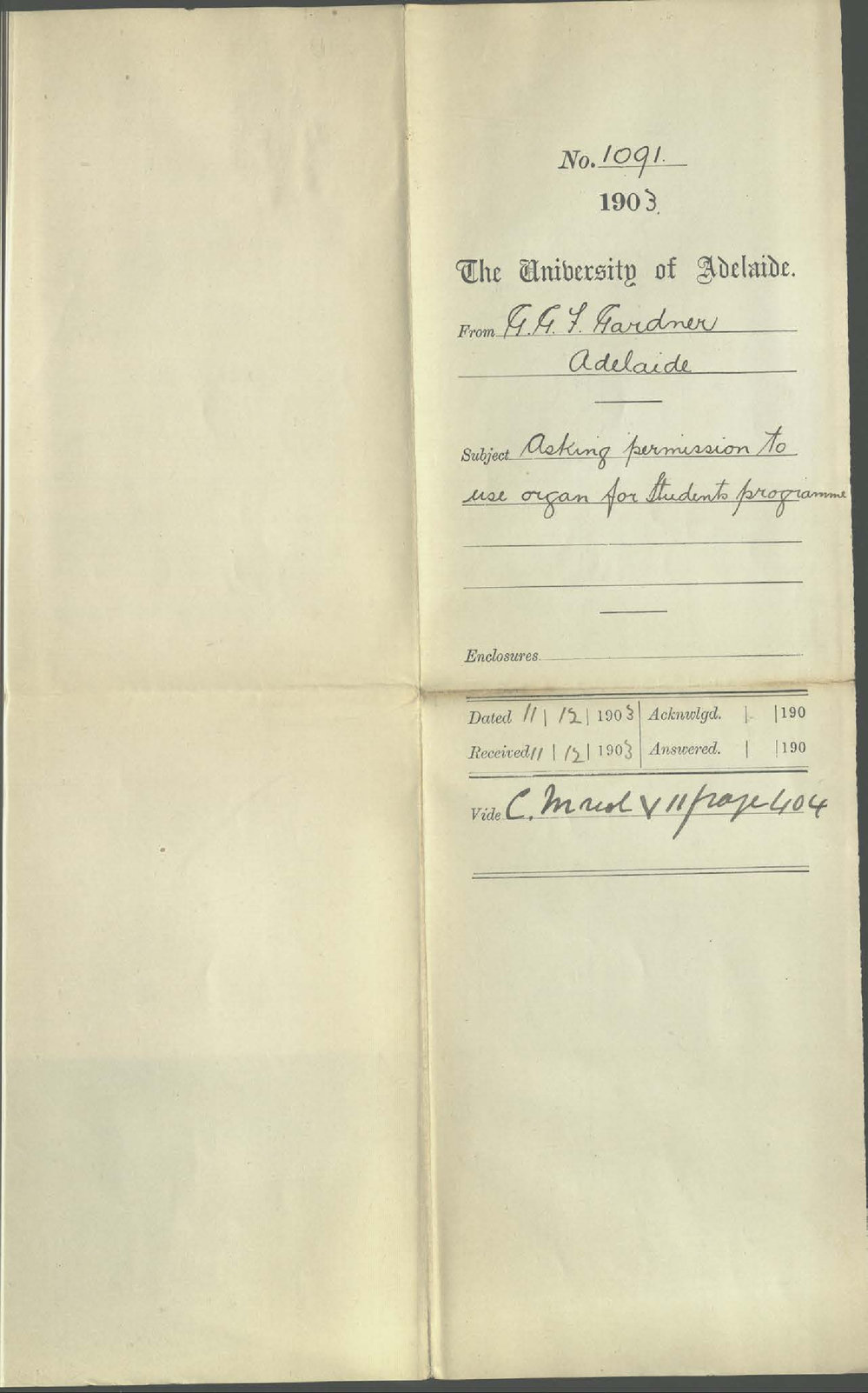 G G F Gardner - Adelaide - Asking permission to use Organ for Students Programme