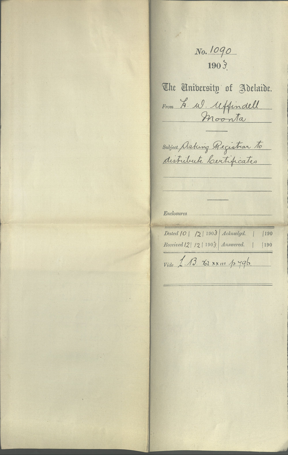 H W Uffindell - Moonta - Asking Registrar to distribute Certificates