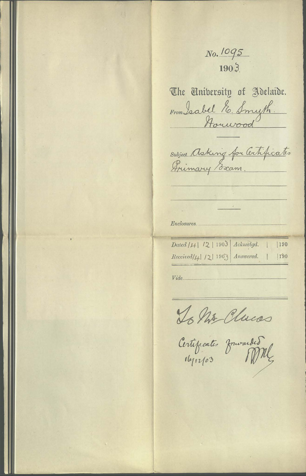 Isabel E Smyth - Norwood - Asking for Certificates Primary Exam