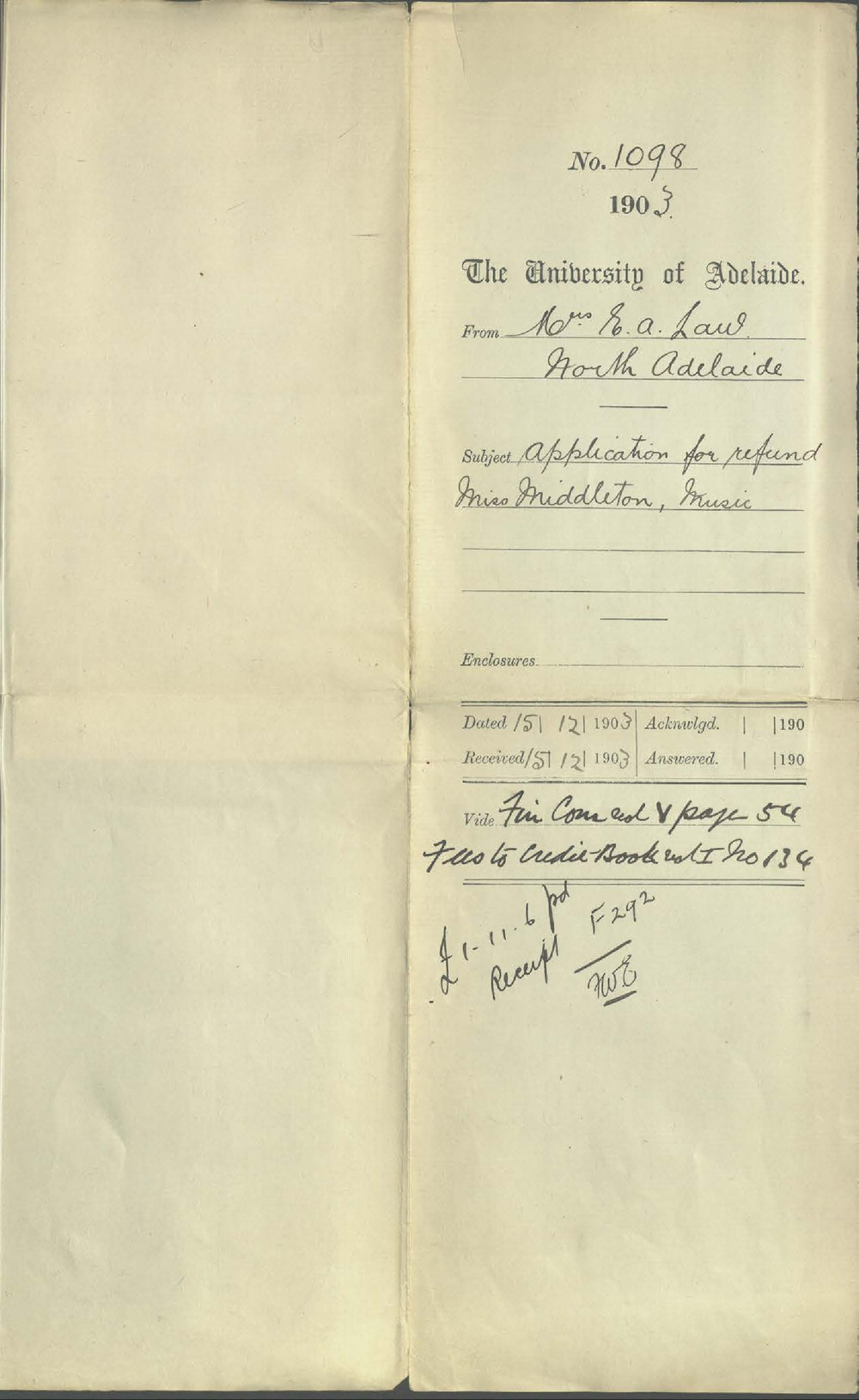 Mrs E A Law - North Adelaide - Application for refund Miss Middleton Music
