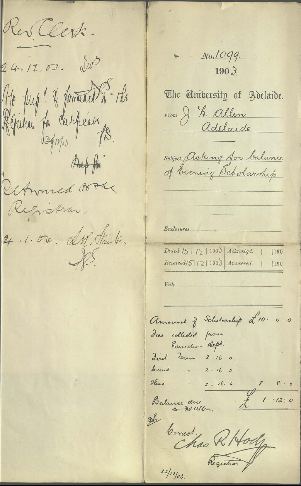 J H Allen - Adelaide - Asking for balance of Evening Scholarship