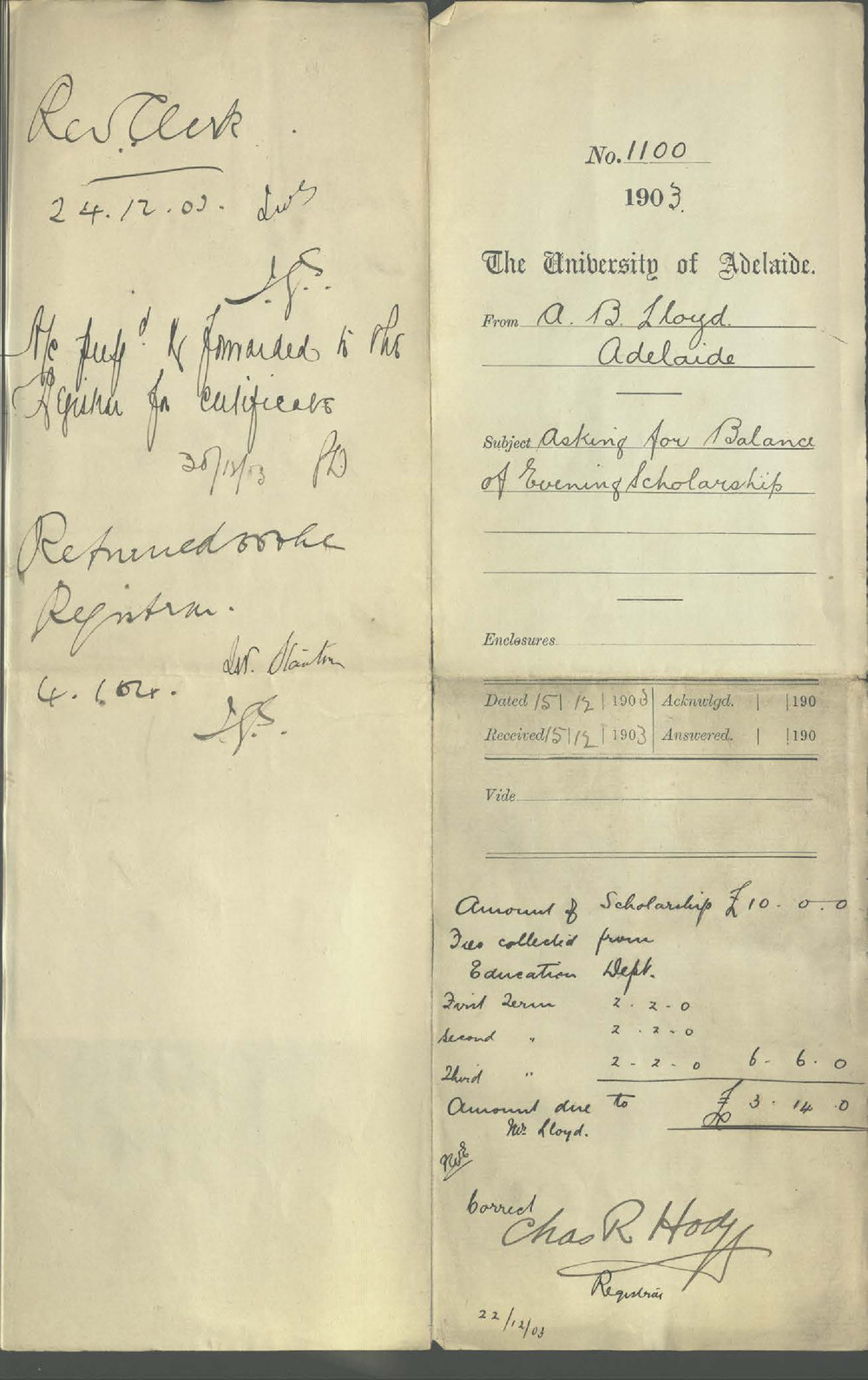 A B Lloyd - Adelaide - Asking for Balance of Evening Scholarship