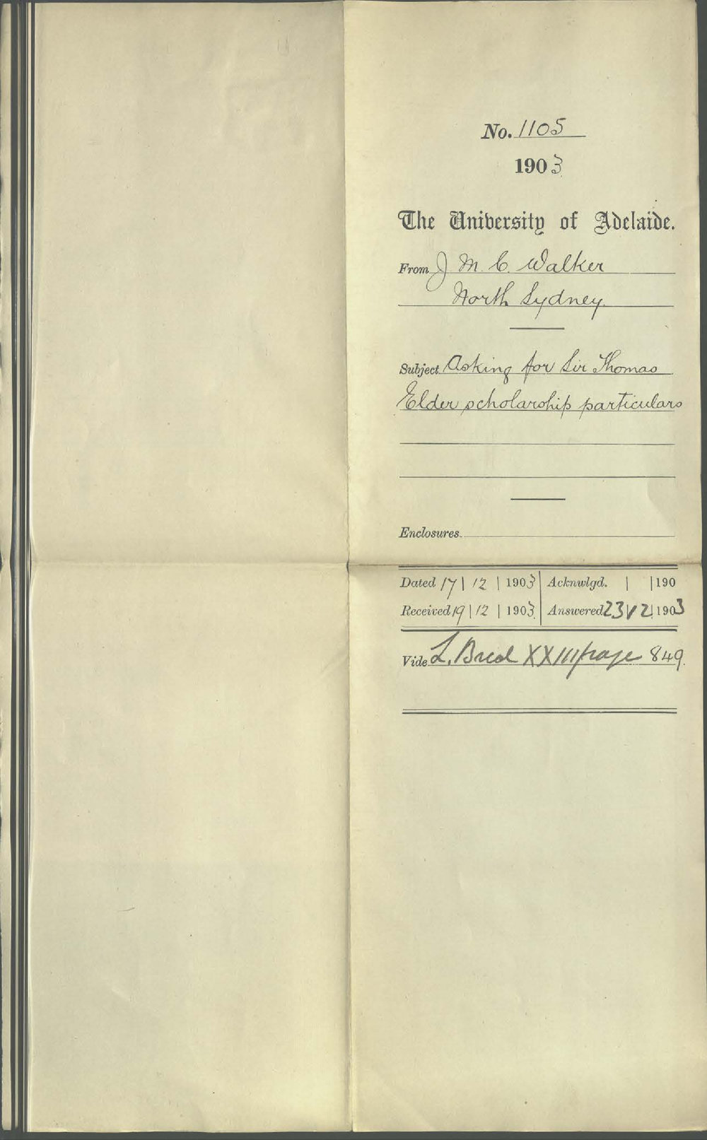 J M C Walker - North Sydney - Asking for Sir Thomas Elder Scholarship particulars