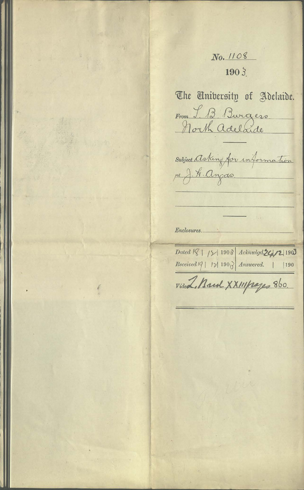 T B Burgess - North Adelaide - Asking for information re J H Angas