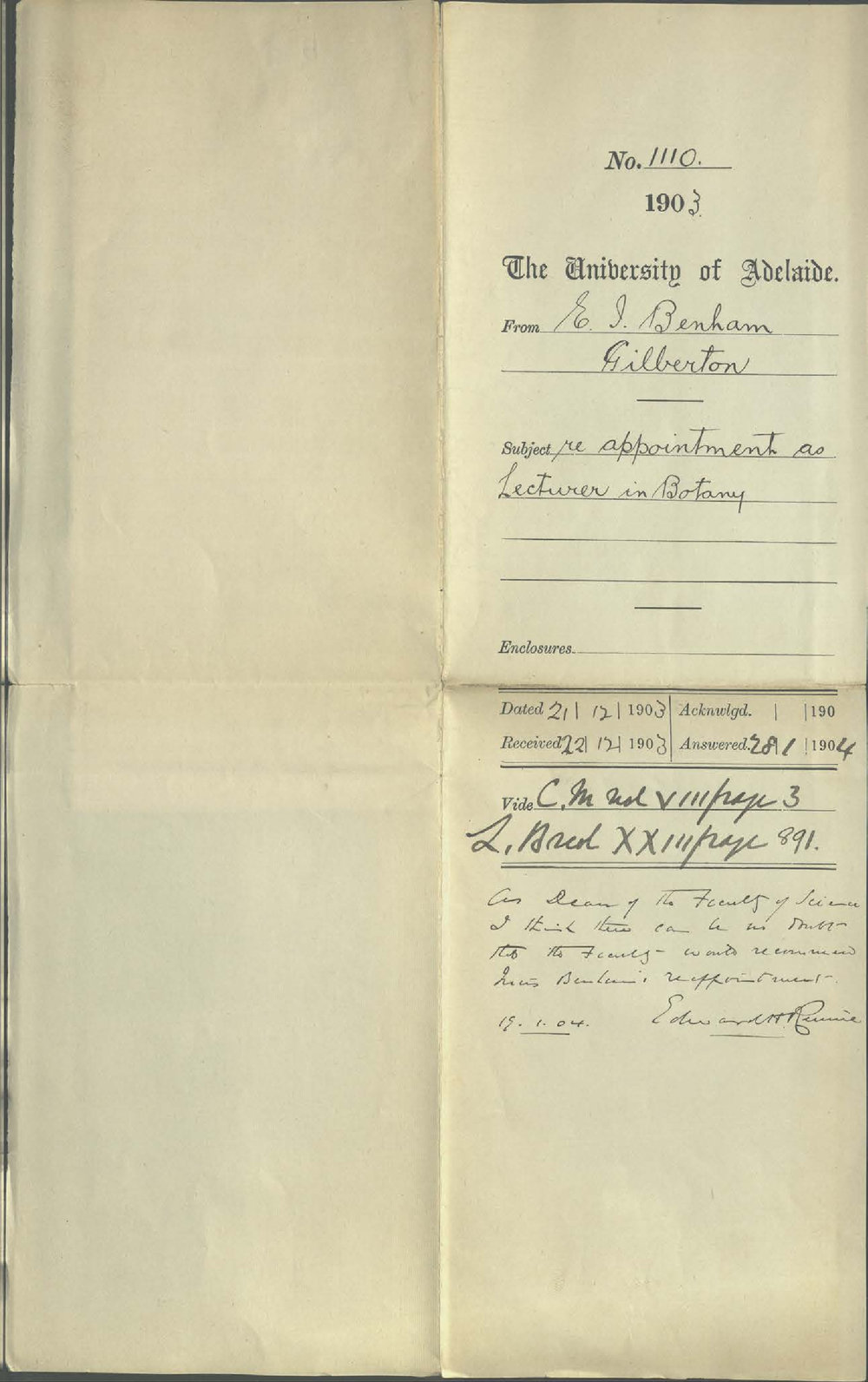 Ellen I Benham - Gilberton - Appointment as Lecturer in Botany