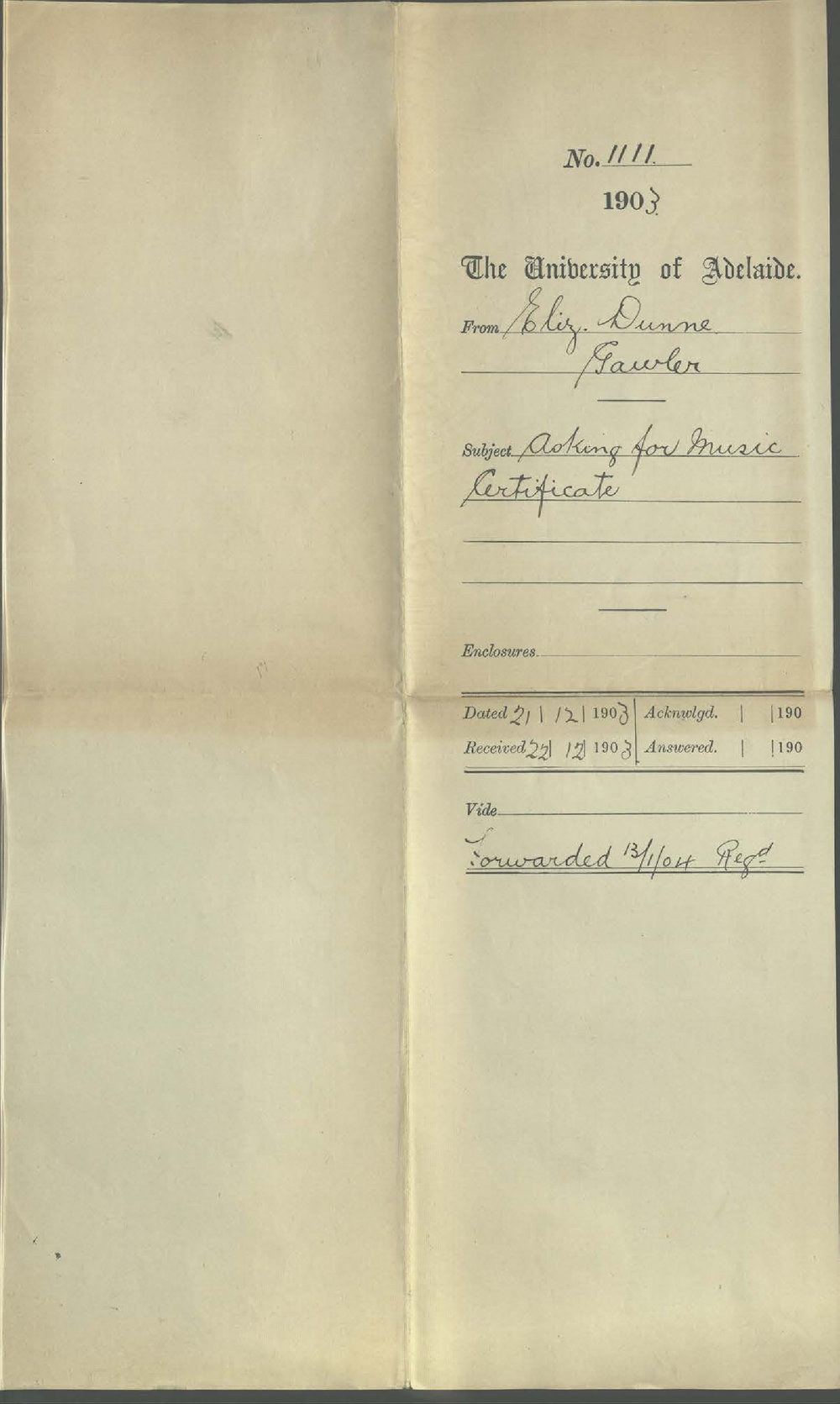 Elizabeth Dunne - Gawler - Asking for Music Certificate