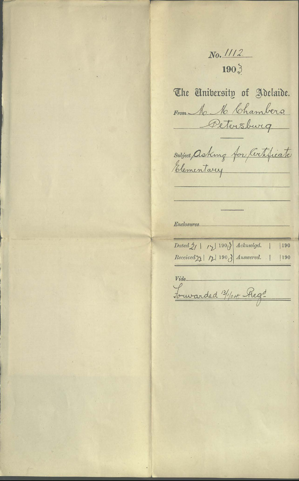 M M Chambers - Petersburg - Asking for Certificate Elementary