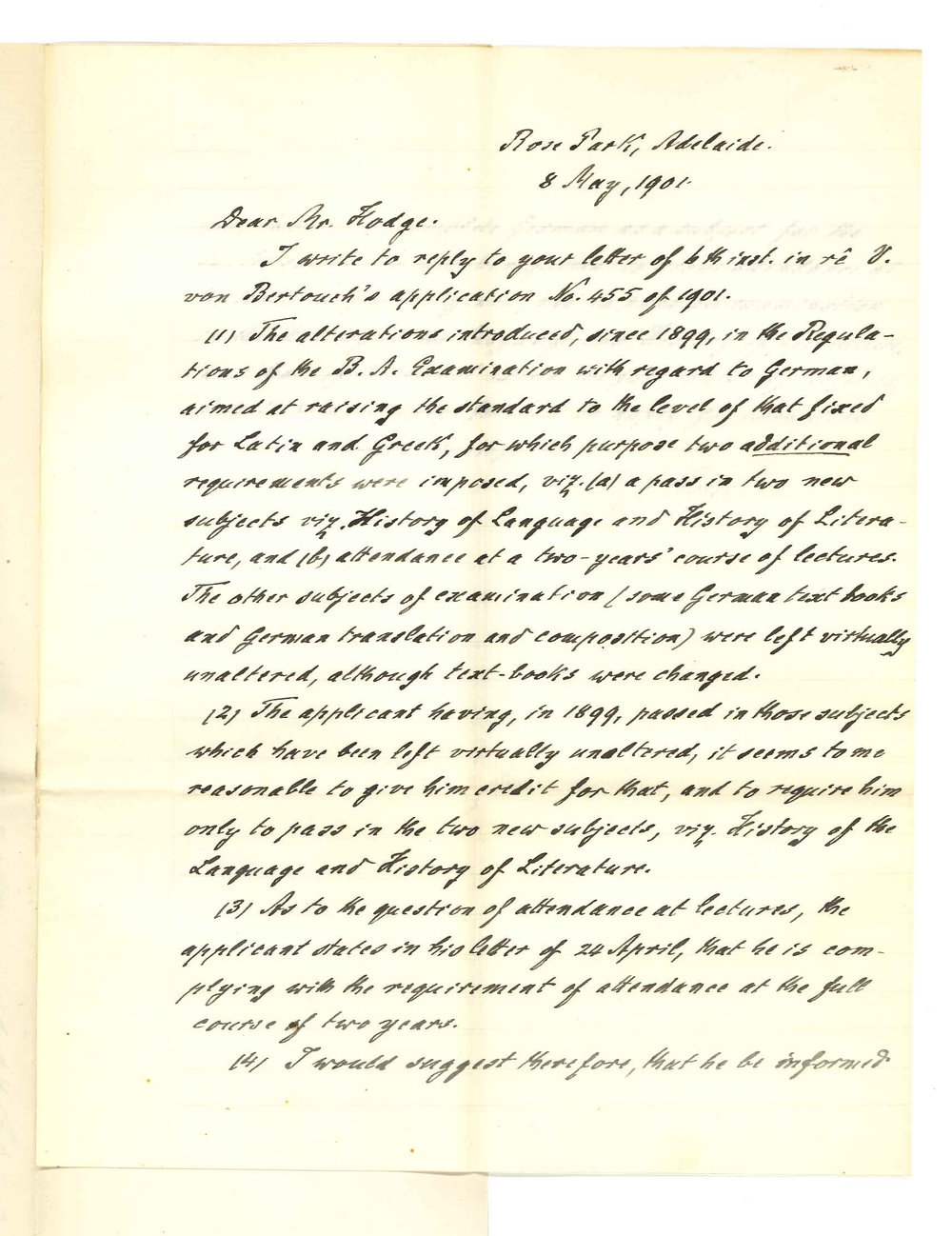 Reverend E J Eidel - concerning subject of German in BA course
