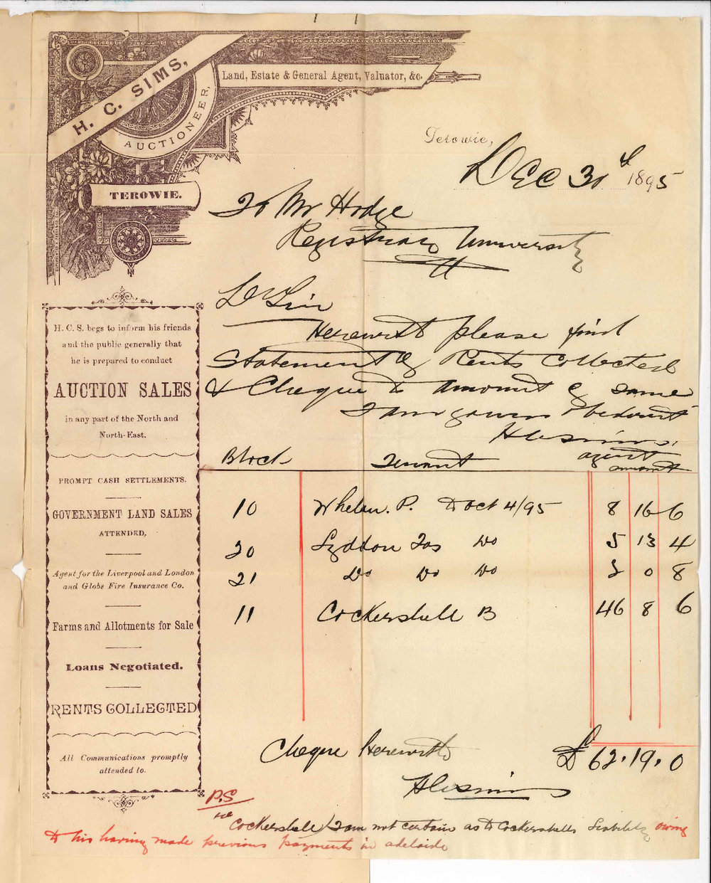 H C Sims - Terowie - Payment various rents