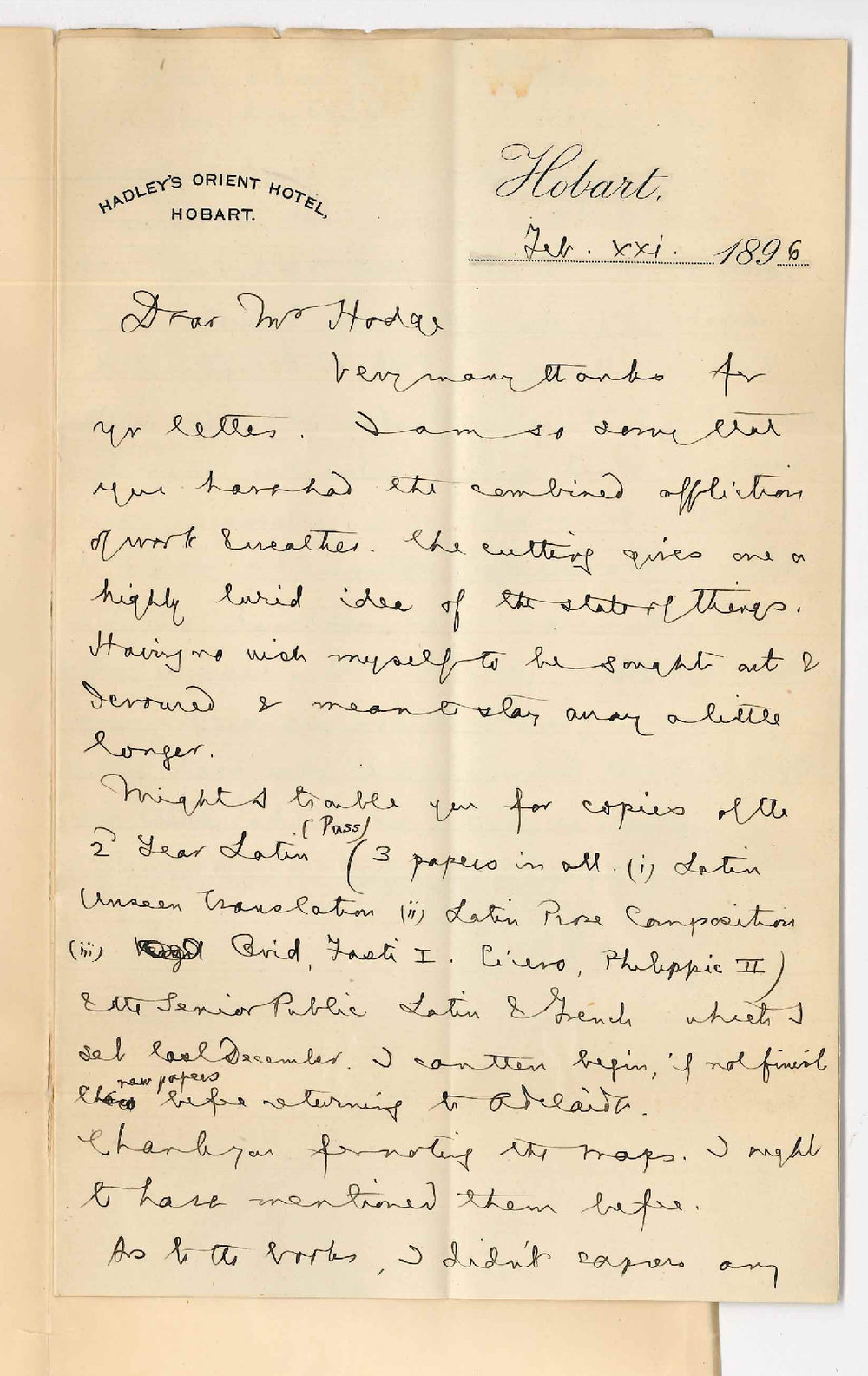 Professor Edward von Blomburg Bensley - Hobart - Re exam papers and periodicals
