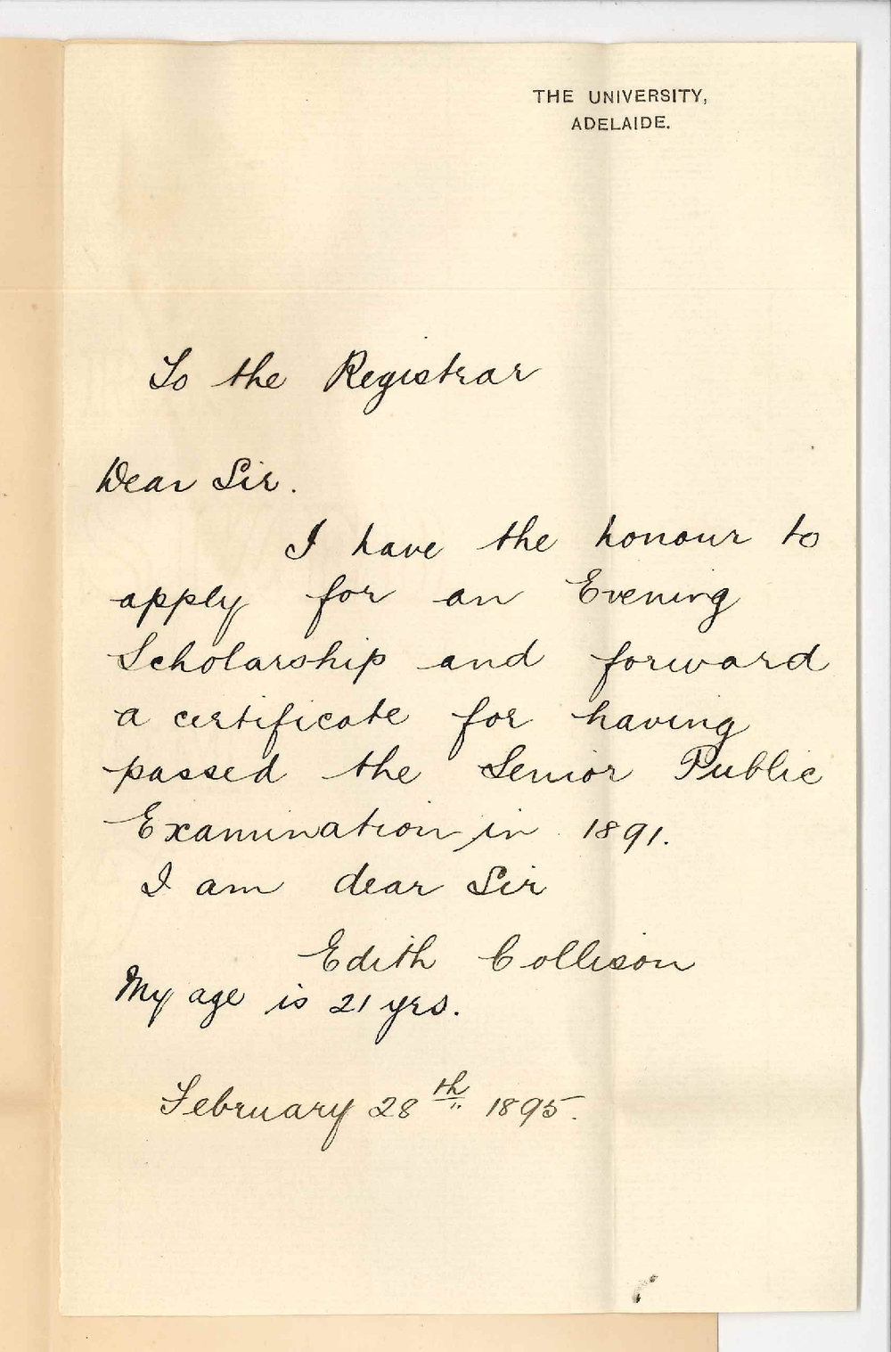 Miss Edith Collison - The University - Application for Evening Scholarship