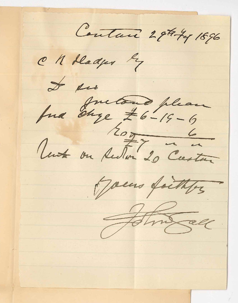 John Gall - Cantara - Payment rent due 21 February 1896