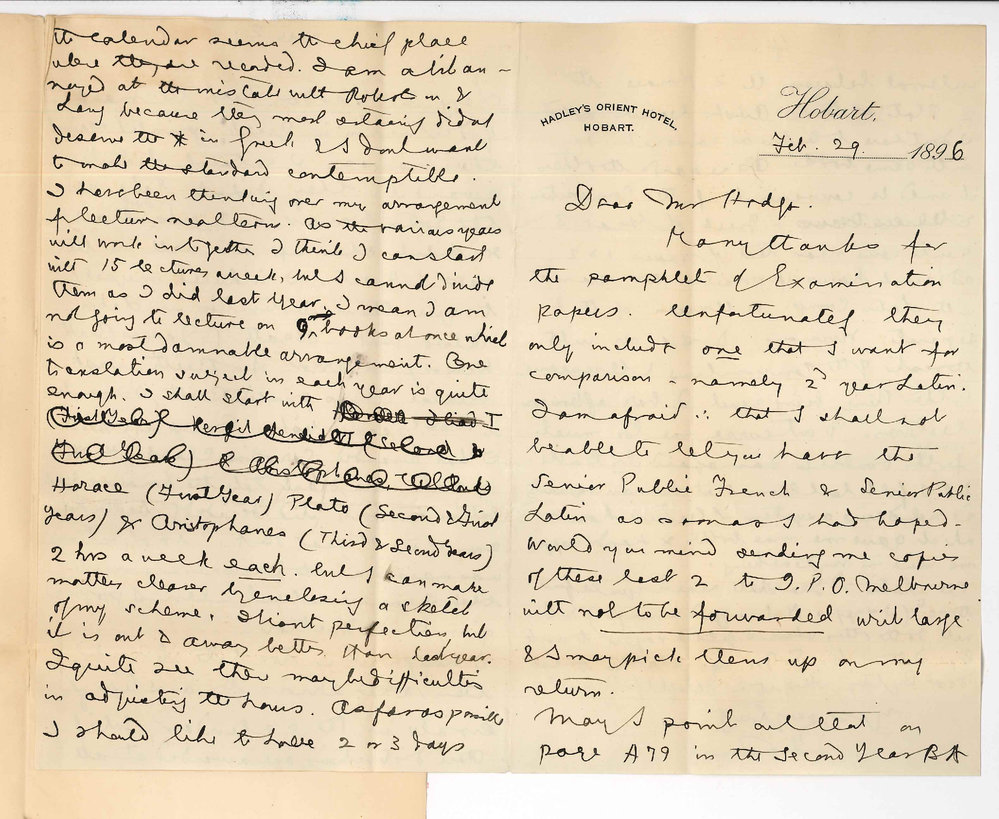 Professor Edward von Blomburg Bensley - Hobart - Re Exam Papers errors in Calendar etc