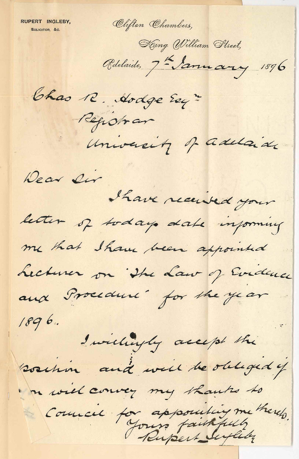 Rupert Ingleby - Clifton Chambers King William Street - Thanking Council for appointment to lectureship