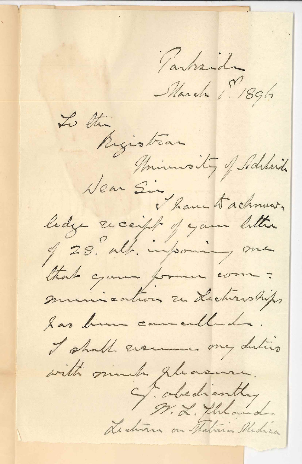 Dr William Lennox Cleland - Lecturer on Materia Medica - Parkside - Thanks Council for reappointment as Lecturer