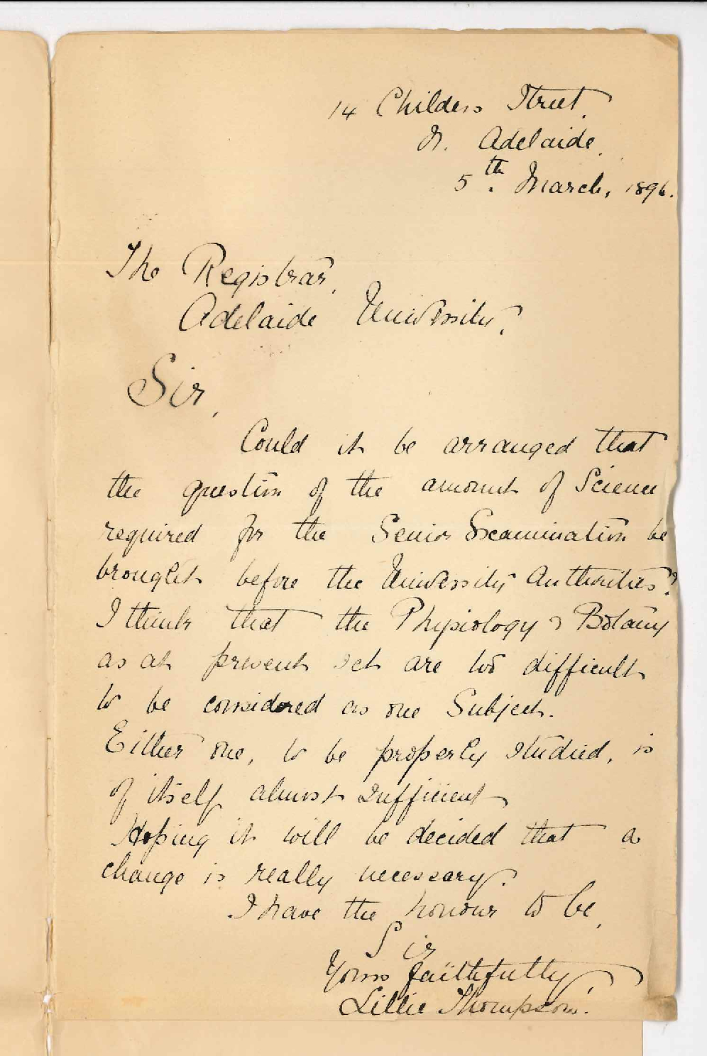 Miss Lillie Thompson - Childers Street North Adelaide - Botany and Physiology in Senior Public Exam