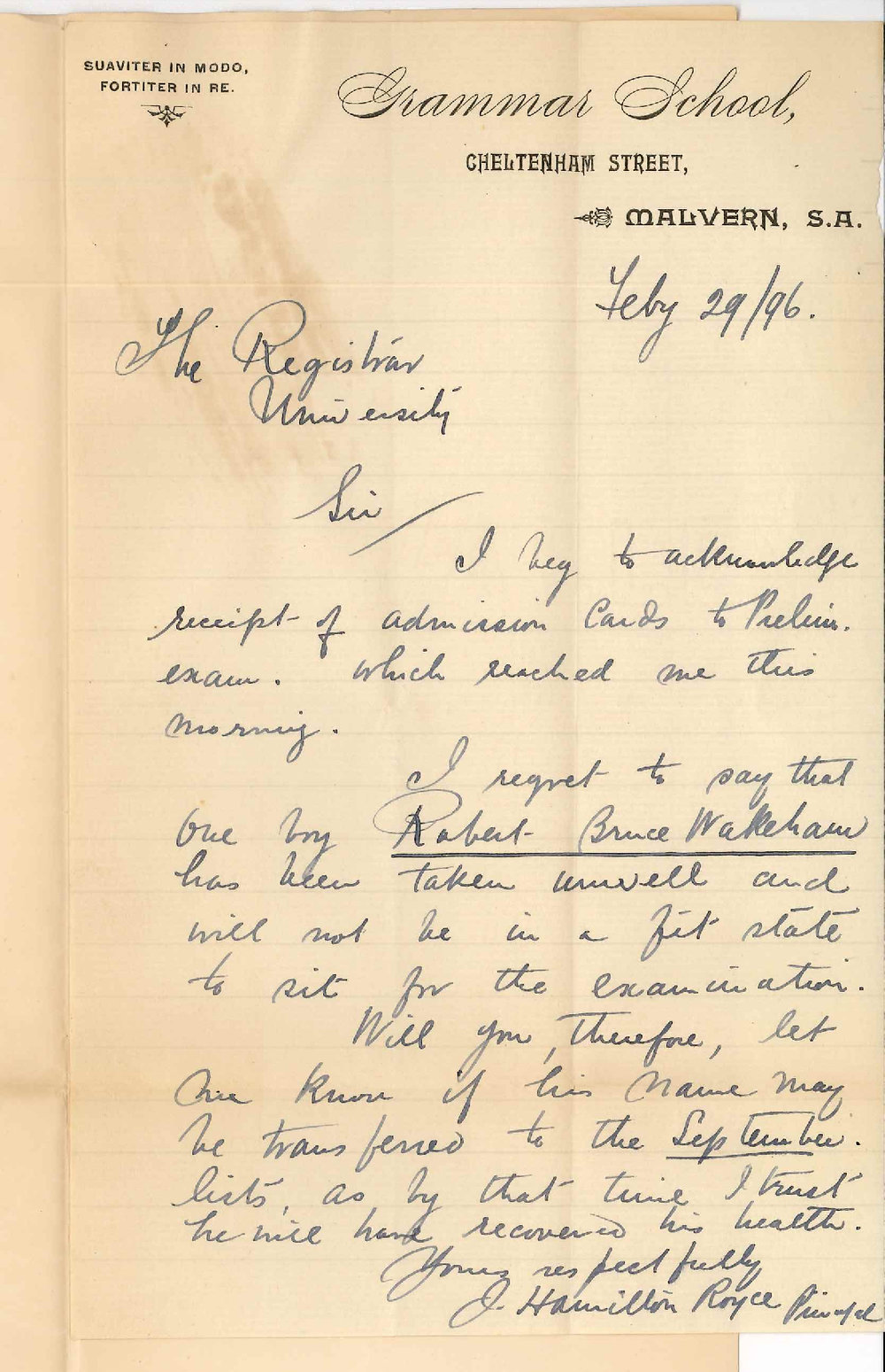 J Hamilton Royce - Principal - Grammar School Malvern - Robert Bruce Wakeham withdraws from March Preliminary - Credit fee