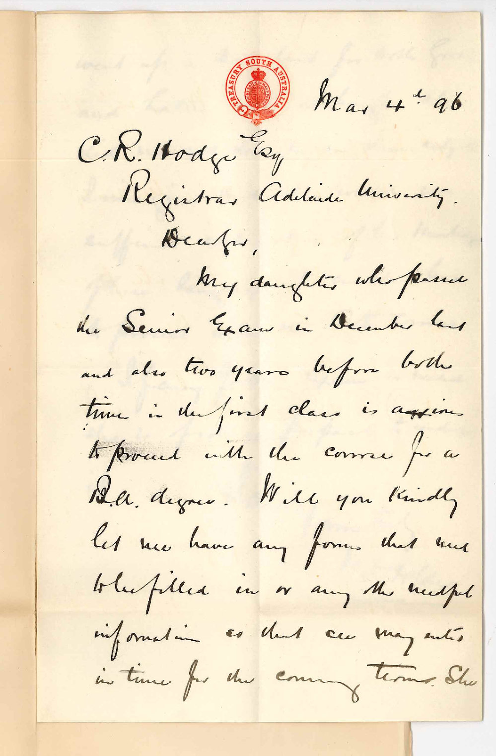 Honourable F W Holder - Treasury Office - Adelaide - Regarding daughter entering for BA course