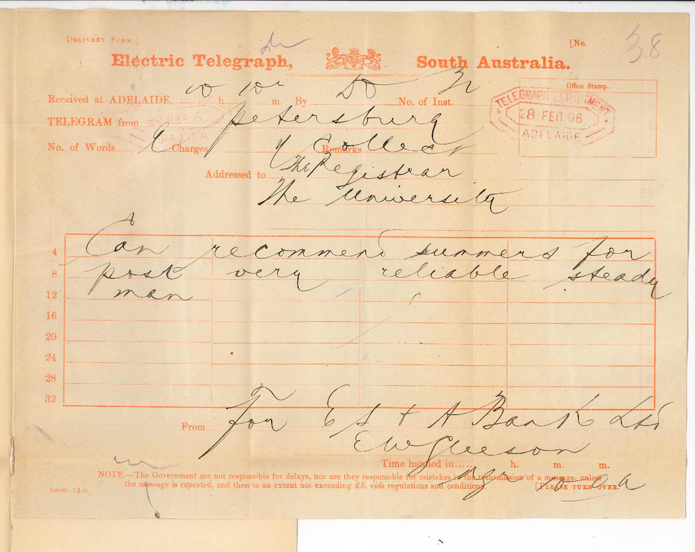 E W Gleeson - Manager English Scottish and Australia Bank - Petersburg - Recommending W Summers Parnaroo Agent