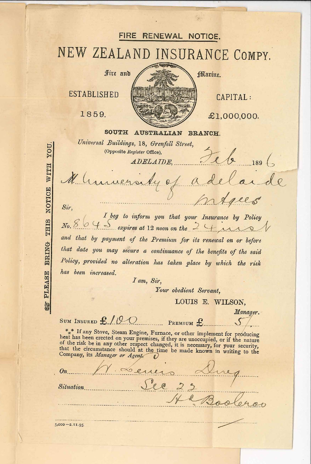 Louis E Wilson - Manager - New Zealand Insurance Company - William Lewis Fire Insurance Policy