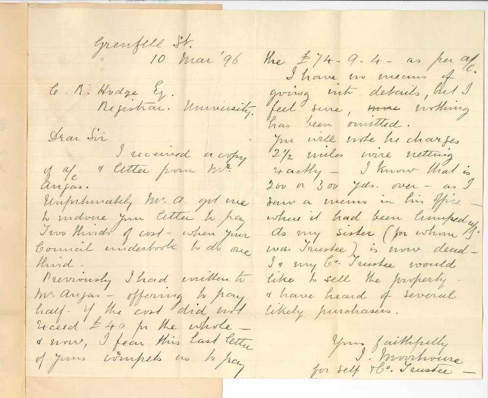 J Moorhouse - Grenfell Street Adelaide - Regarding cost of wire fencing at Bartagunyah