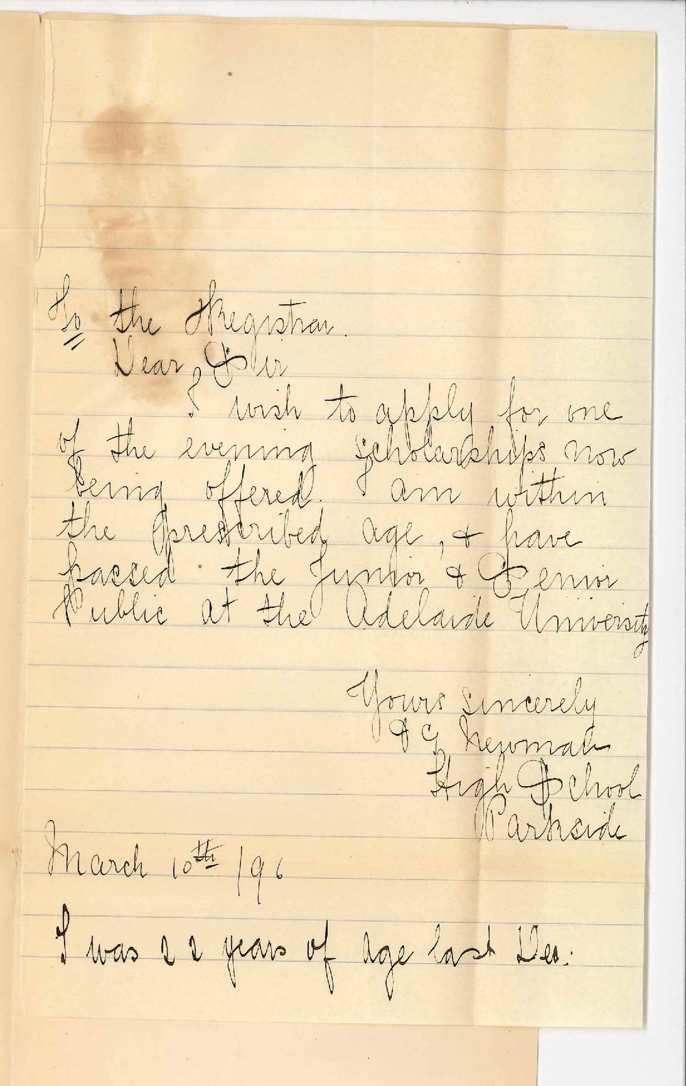 Miss Newman - High School Parkside - Application for Evening Scholarship