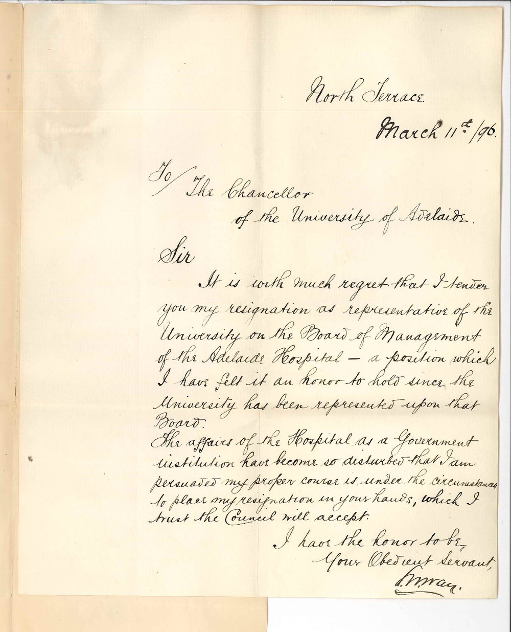 Dr Samuel James Way - North Terrace Adelaide - Resigning membership of Hospital Board as representative of University