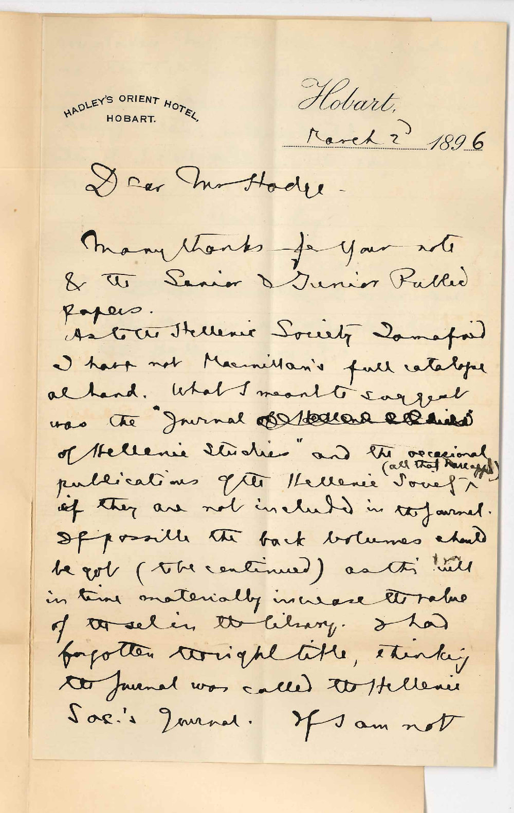 Professor Edward von Blomburg Bensley - Hobart - Re Journal of Hellenic Studies