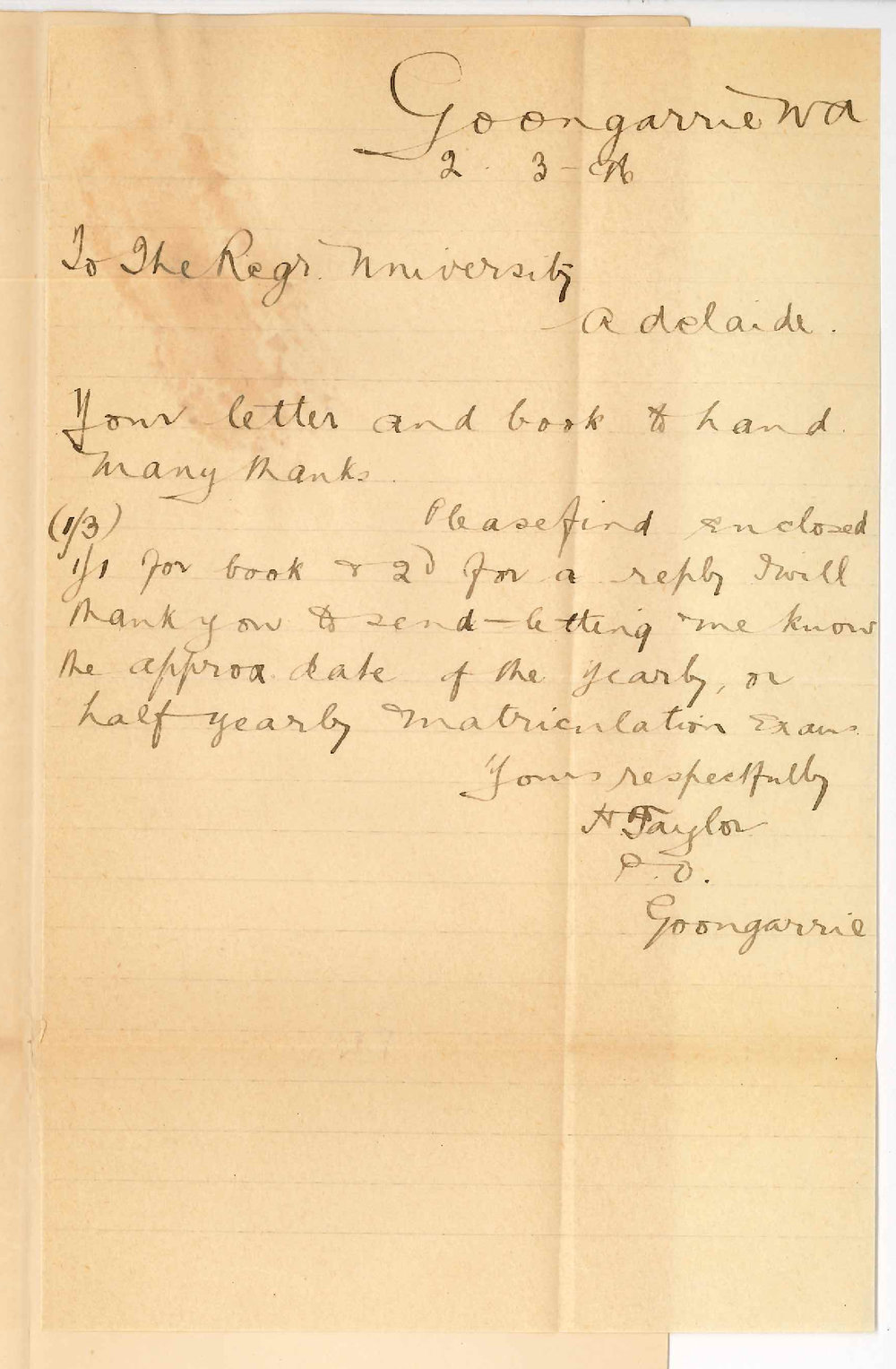 H Taylor - Goongarrie WA - Received pamphlet and re date of exam