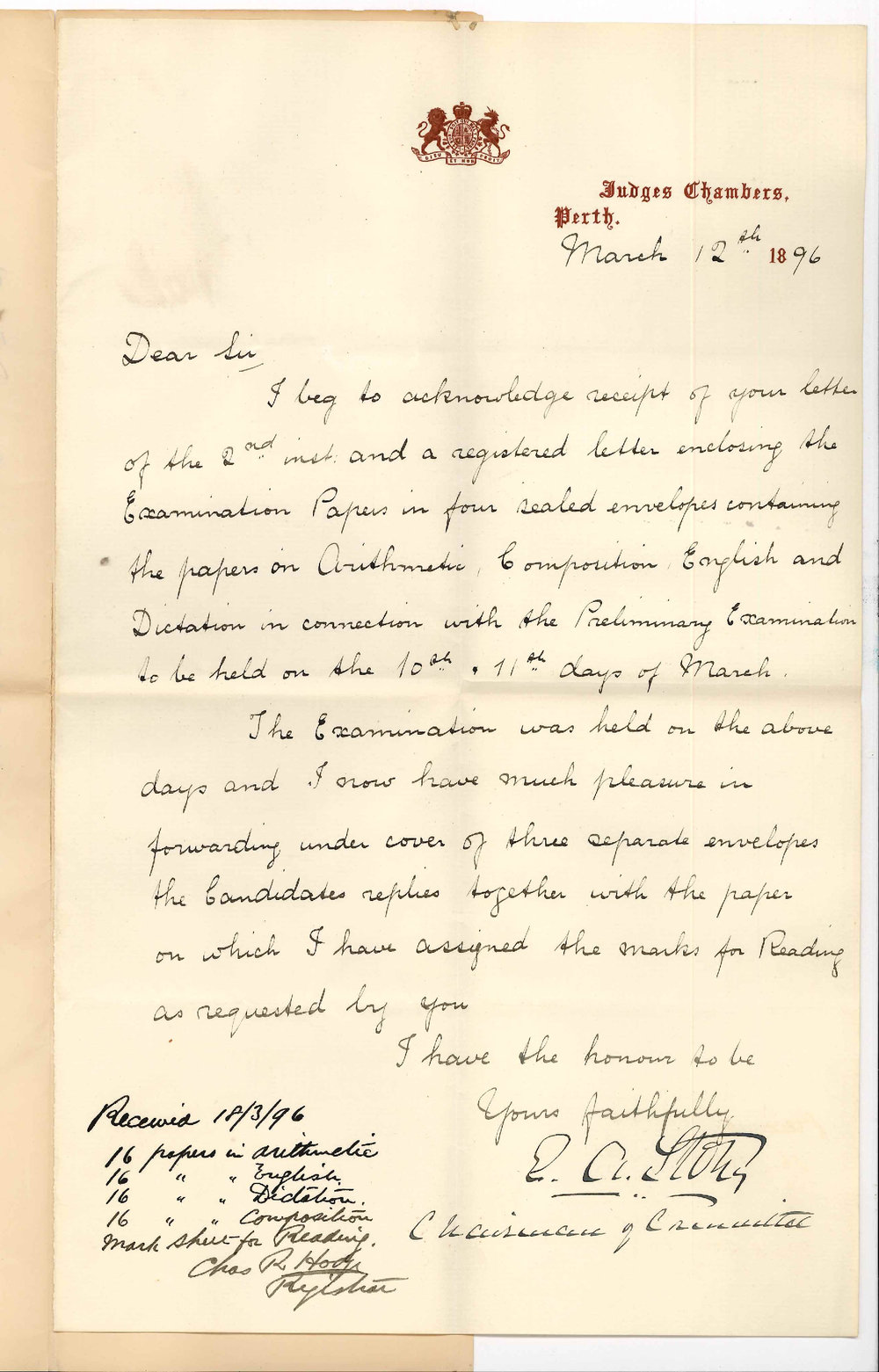 Judge Edward Albert Stone - Chairman of Committee - Perth - Forwarding candidates replies Preliminary Exam