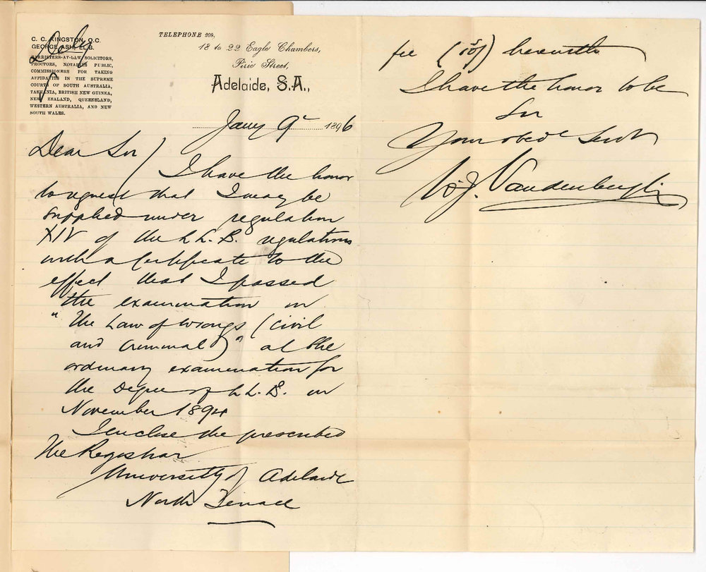 William John Vandenbergh - Eagle Chambers Pirie Street Adelaide - Asks for Certificate in Law of Wrongs