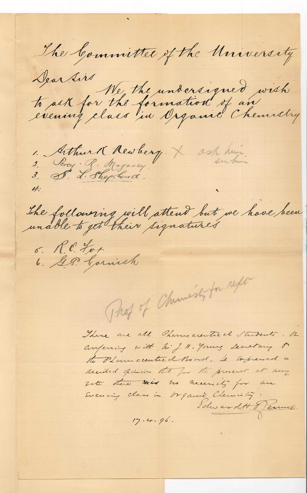 Arthur K Newbery and Others - Asking for Formation of Evening Class in Organic Chemistry